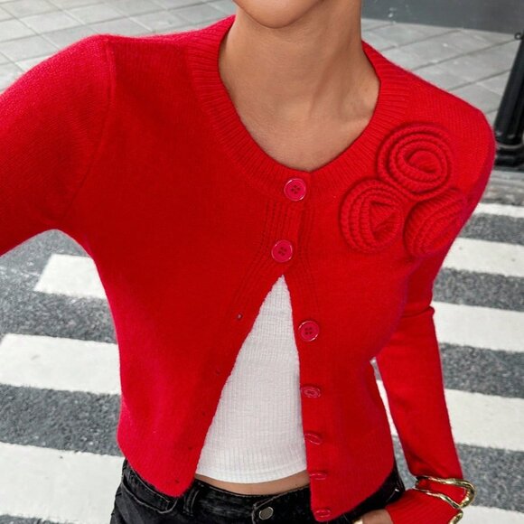 Red Casual Women's Elegant Floral Decor Button-Up Cardigan - Picture 3 of 6